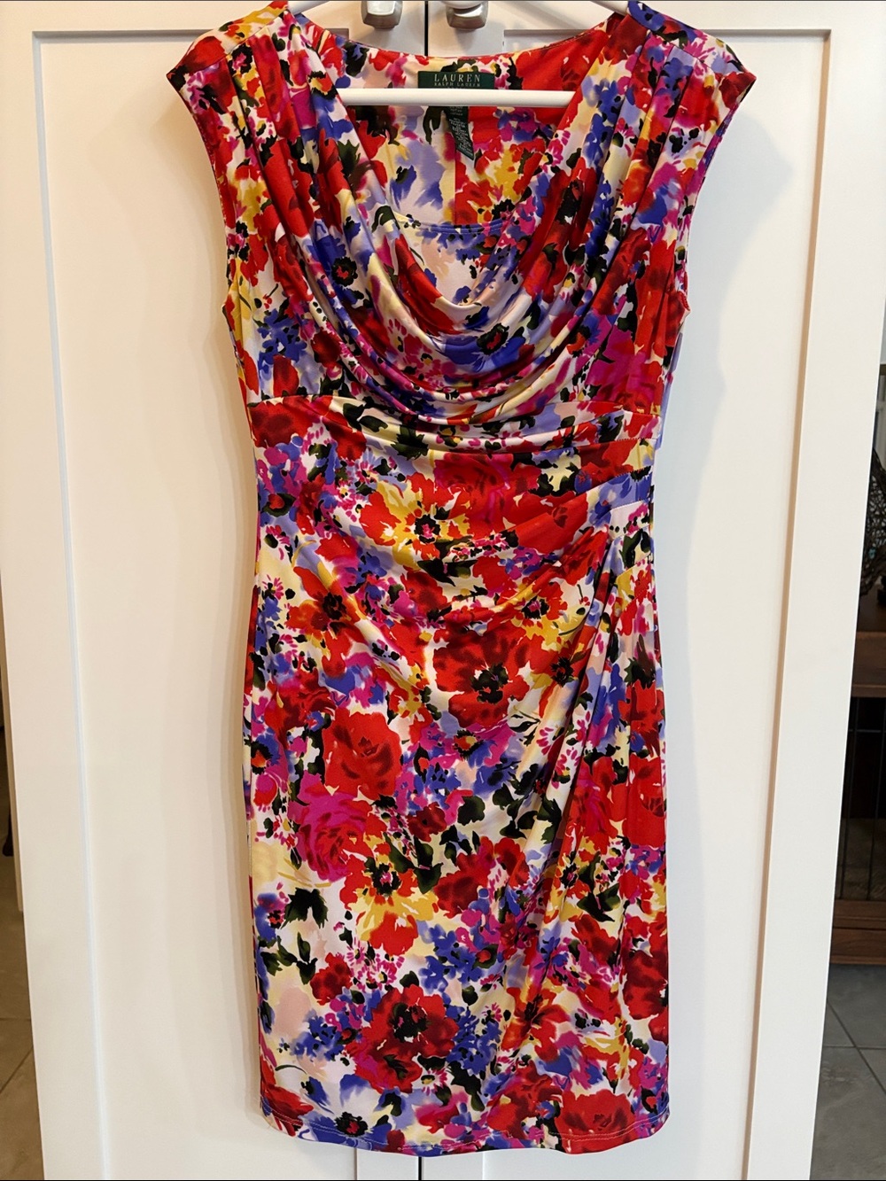 Lauren Ralph Lauren Red & Multicolor Floral Cowl-Neck Midi Dress